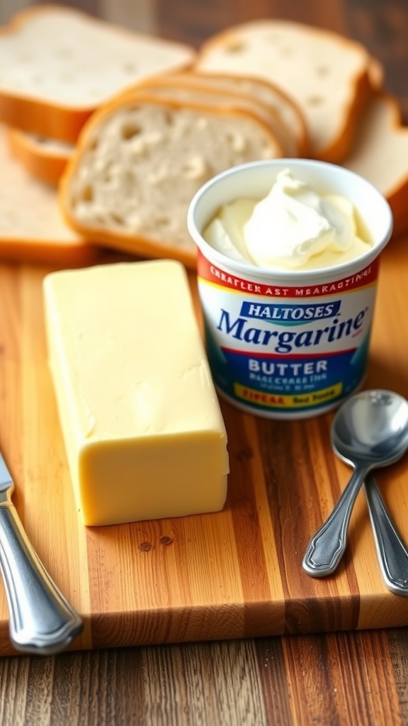 Comparison of butter and margarine on a cutting board with bread slices.